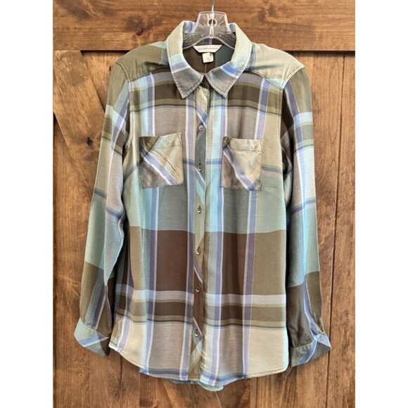 NWT Christopher and Banks Plaid Button Up Long Sleeve Shirt Size S Metallic Soft - Picture 1 of 5